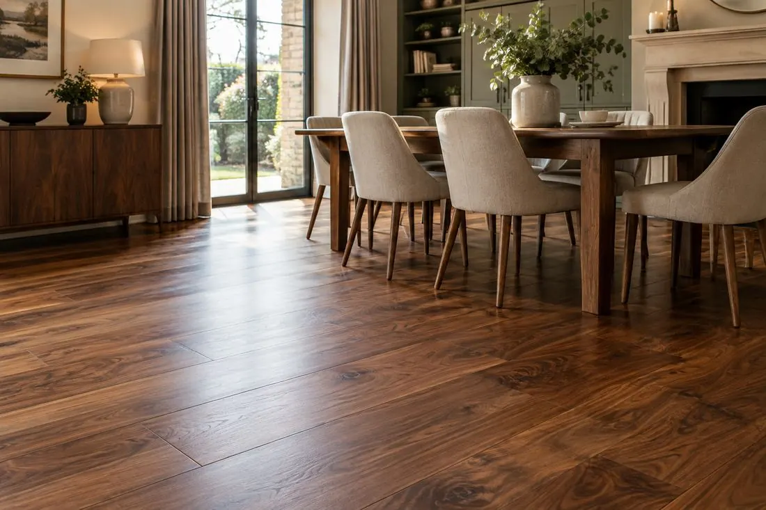 Dark walnut-style wood flooring in a dining room