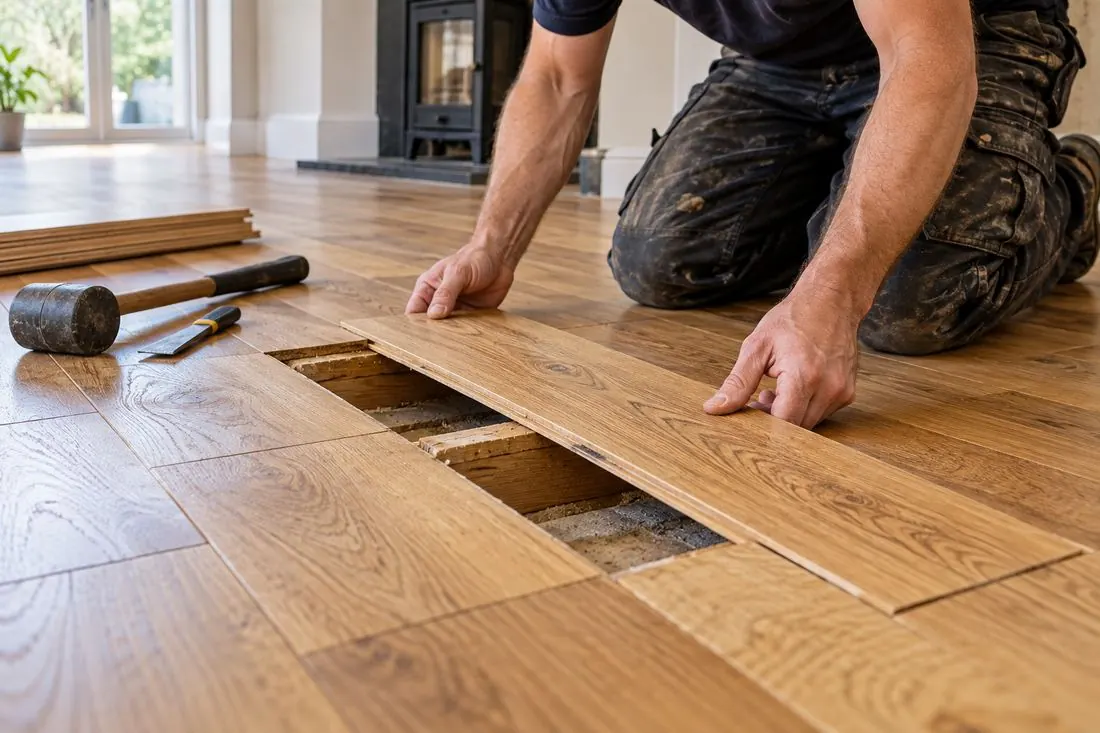 A fitter fitting a replacement plank into an opened section of floor