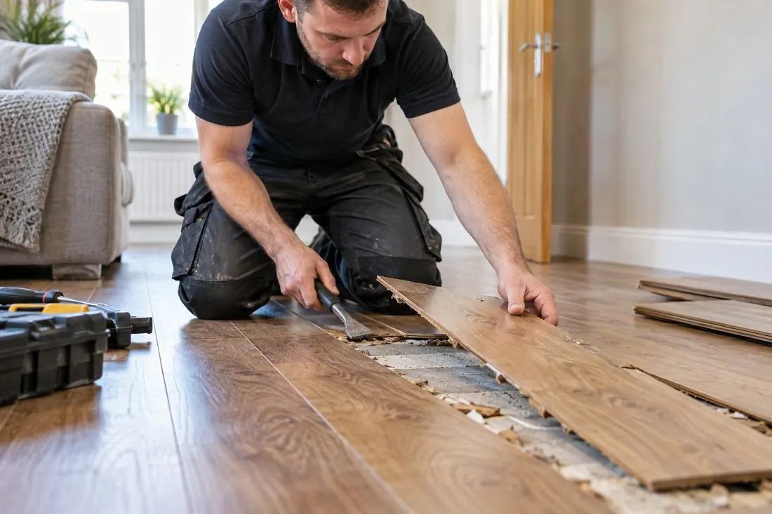 A fitter lifting damaged laminate planks to expose the subfloor