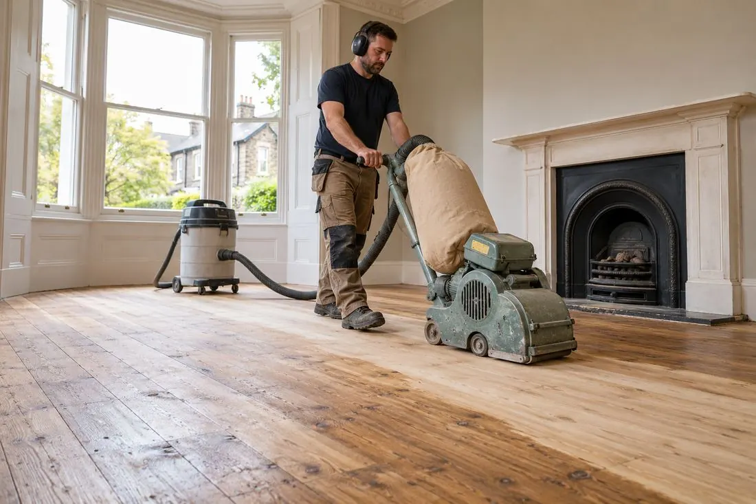 A fitter using a drum sander on old boards in a period room with a fireplace