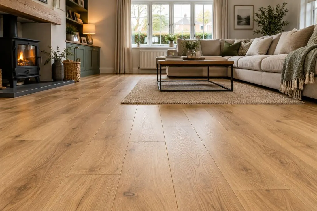 Warm oak-effect plank flooring in a living room with a log burner