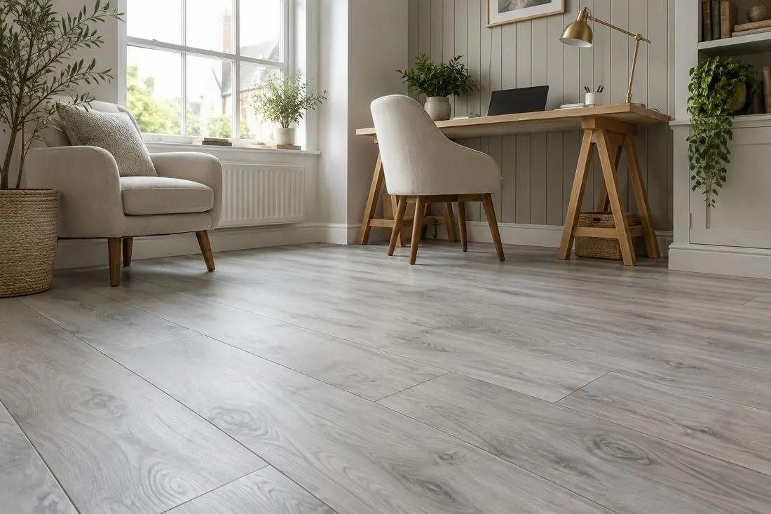 Light grey wood-effect floor in a home office