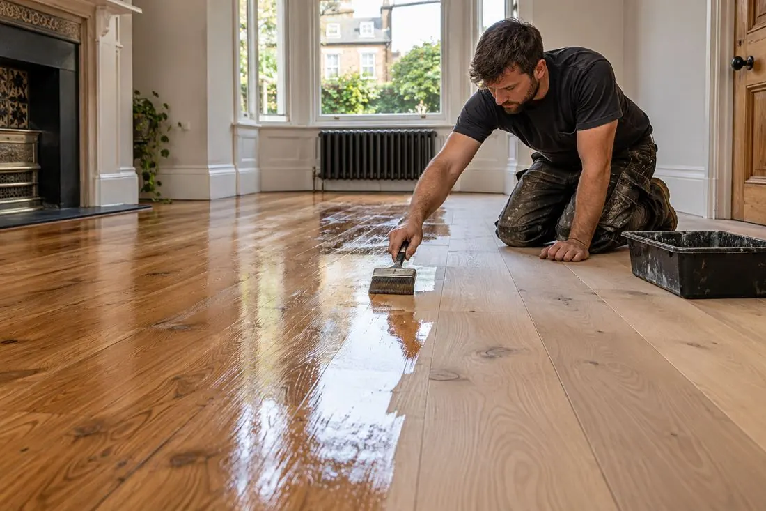 A fitter brushing lacquer onto oak boards, with the finished section glossy on the left