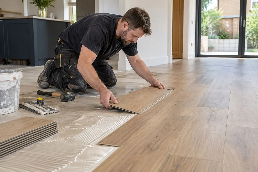 A fitter laying luxury vinyl planks onto an adhesive bed in a bright kitchen