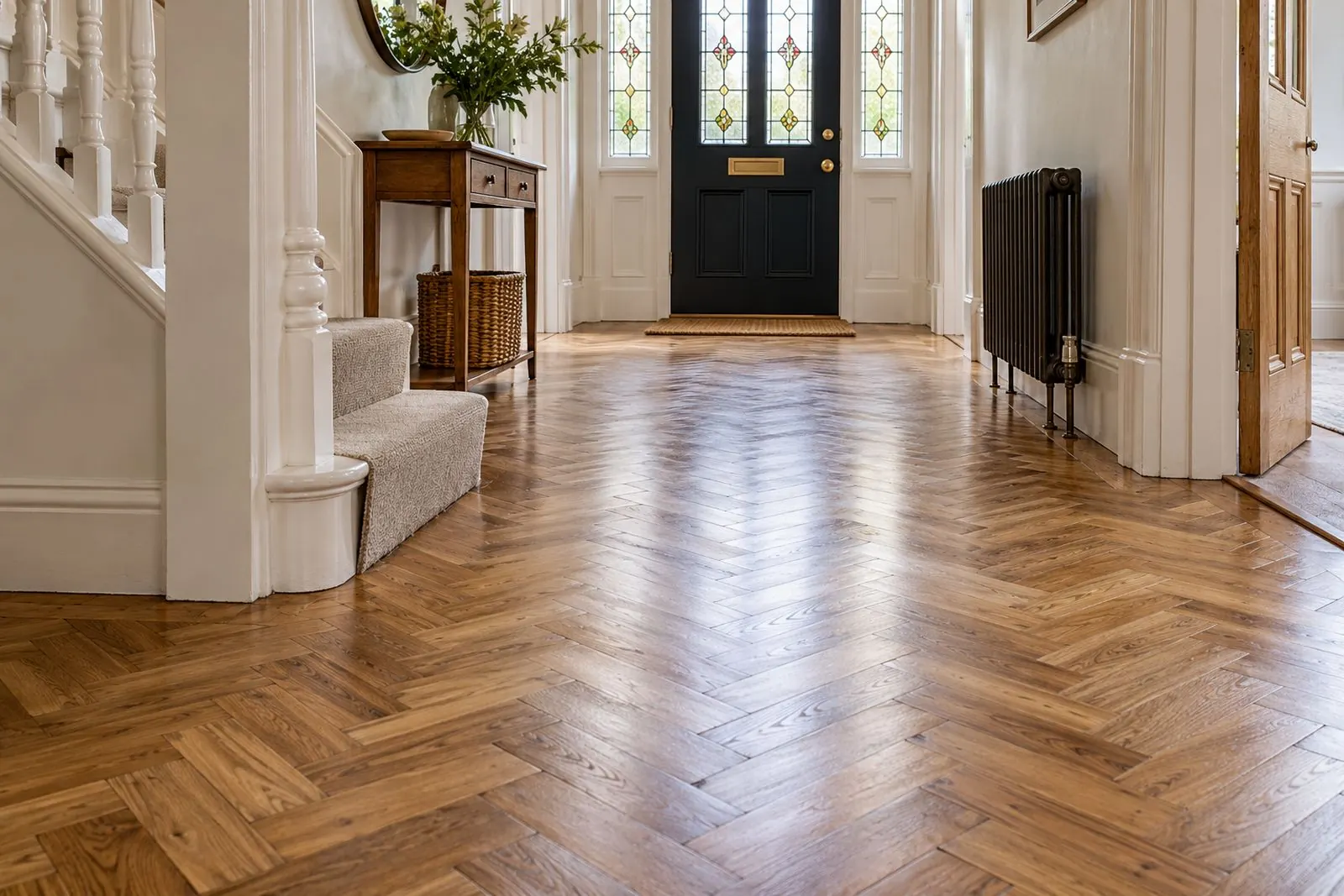 Oak herringbone parquet flooring in a period hallway with a stained-glass front door
