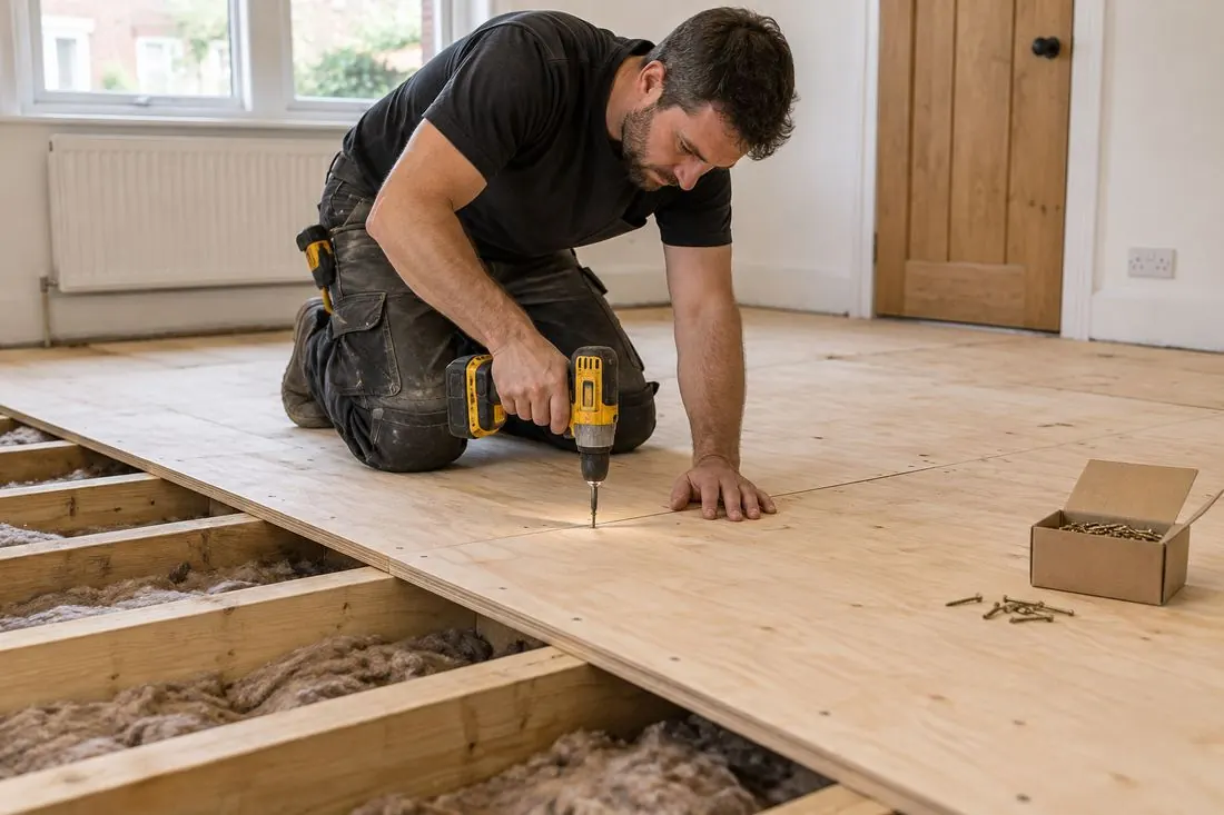 A fitter screwing plywood sheets down over joists with insulation