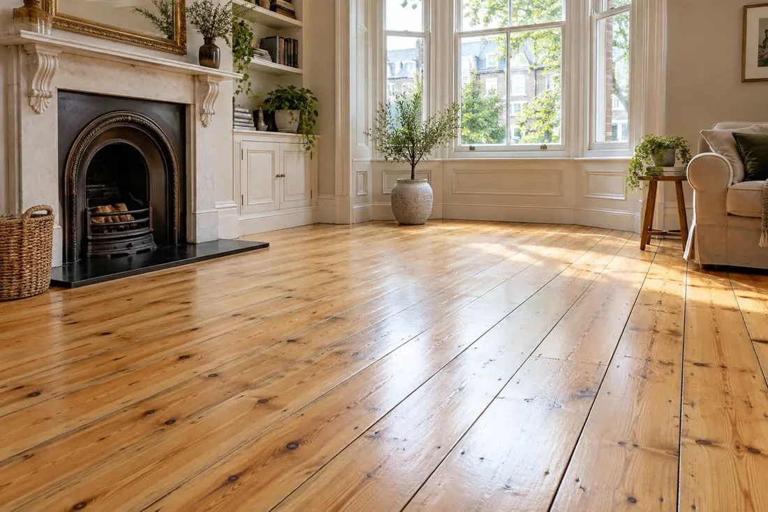 Restored pine floorboards in a period living room with a bay window