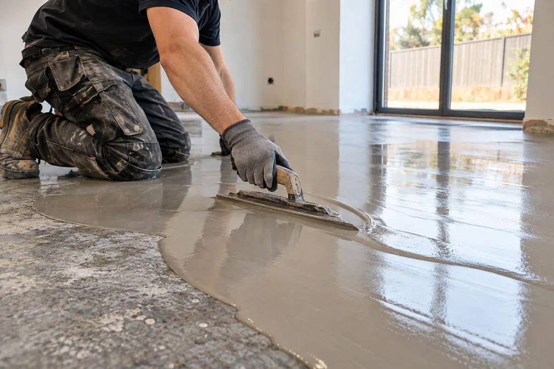 A fitter spreading self-levelling screed across a concrete floor