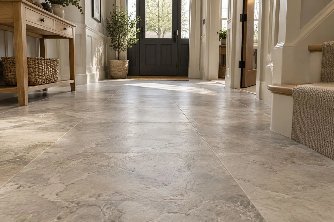 Stone-effect tiles in an entrance hall