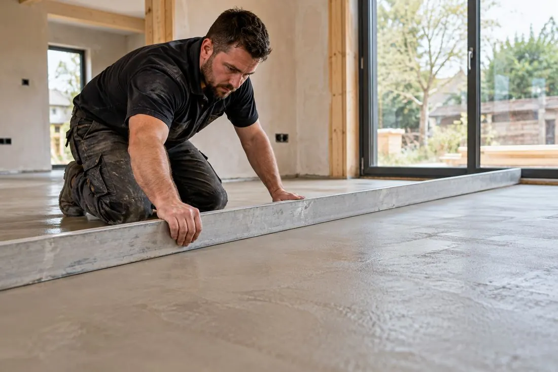 A fitter checking a freshly levelled floor with a long straight edge