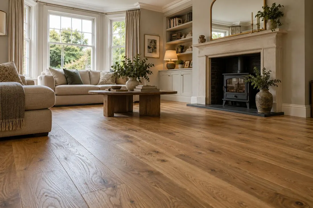 Wide oak boards in a traditional living room with a fireplace